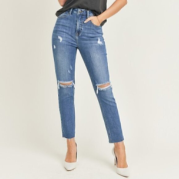 Risen Denim - High Rise Medium Wash Relaxed Fit Distressed Skinny Jean
